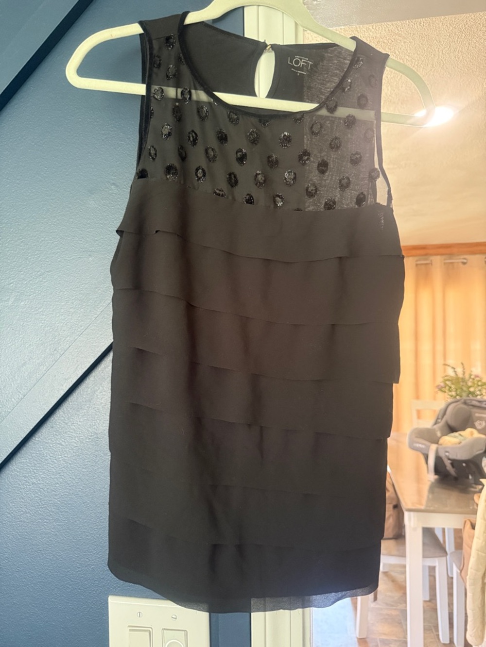 LOFT Black Tiered Sleeveless top with Sheer Sequin Yoke